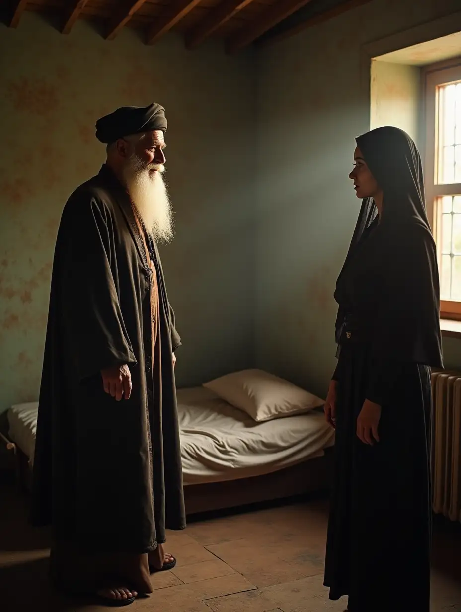 In an old room of an old house, sunlight shining through the window and illuminating the room, there was a mattress and pillow on one side on the floor, and on the other side, a mullah with a beard, mustache, white hair, robe, and turban stood with an ugly smile, and a young Iranian village woman with black hair and a headscarf looked at him sadly.