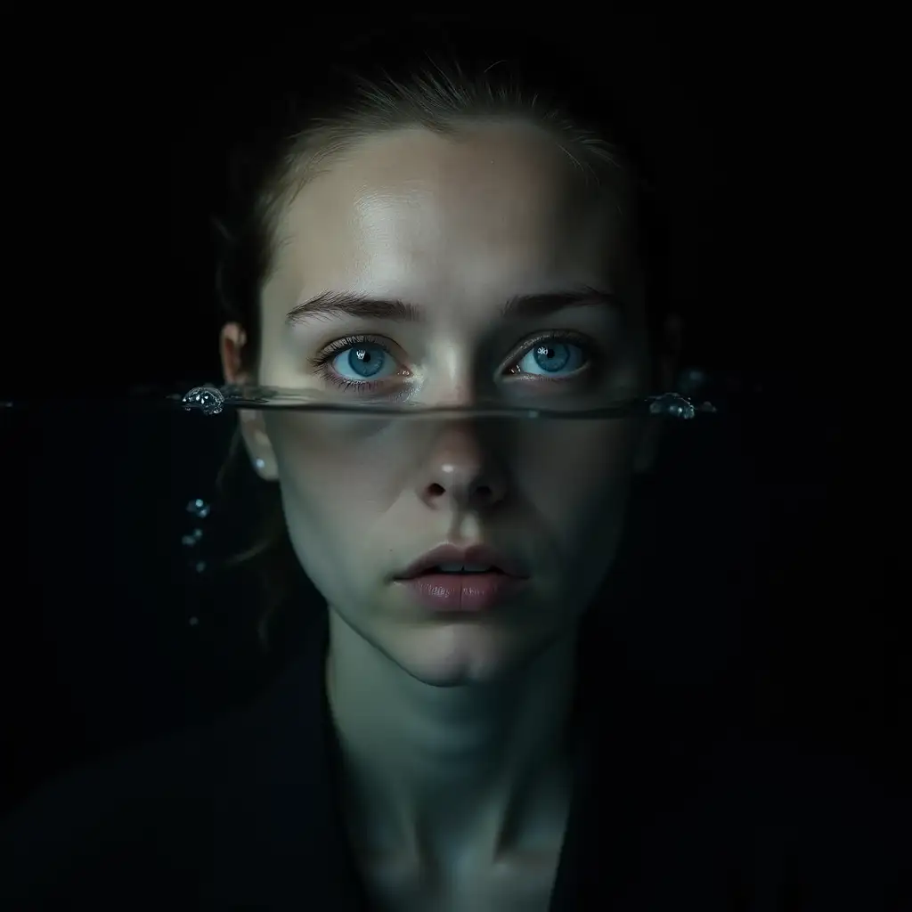 Young Woman Submerged Underwater with Fear in Blue Eyes