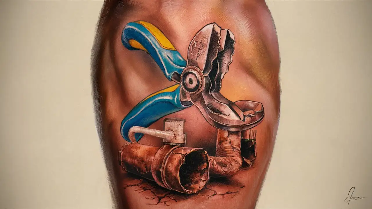 Colorful Tattoo of Plumbers Pliers on Cracked Sprinkler Pipe