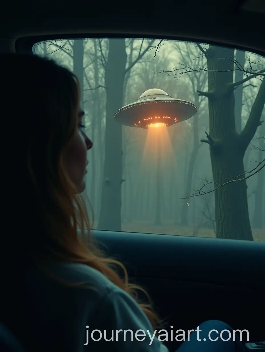 Woman-in-Car-Gazing-atAI-Image-Prompt-Expansion-UFO-Disappearing-into-Forest-Near-Dallas-Airport-in-Ghibli-Style