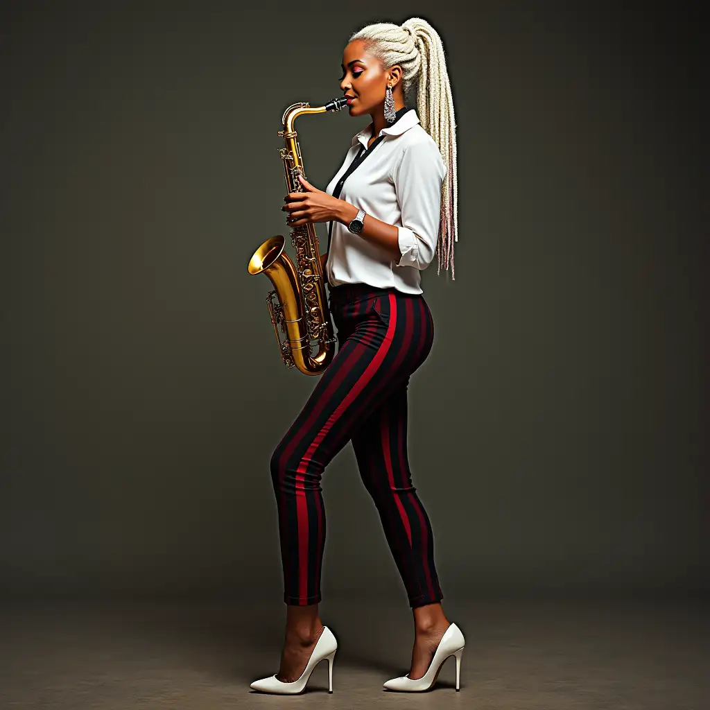 Ultradetailed hyperrealistic photo-realistic portrait of a woman with white multi-colored braids, white blouse, white high heels and tight black red striped short pants playing saxophone textured, surfaces and lighting to give depth, dimension and a colorful photorealistic appearance.