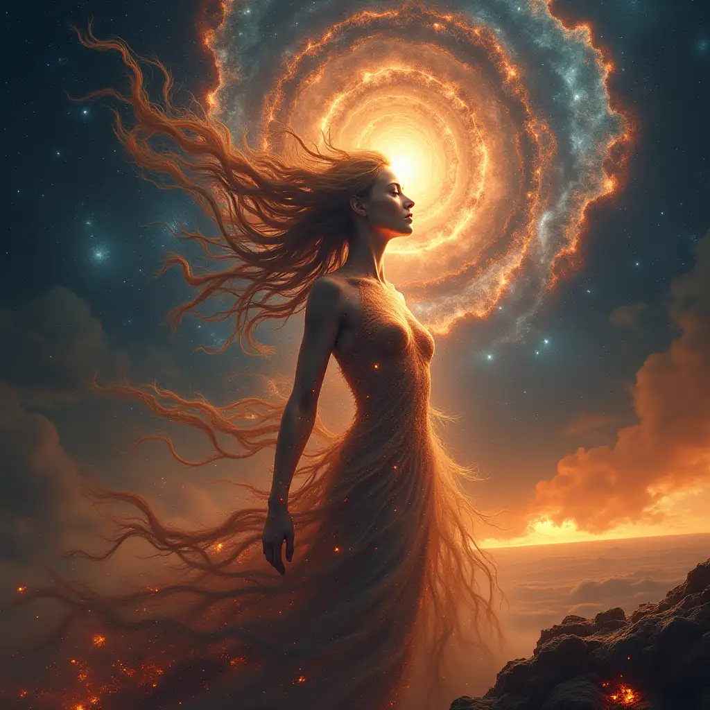 A hyper-realistic photo of a cosmic entity, the fusion of past and future, resembling a celestial internet matrix goddess made of swirling galaxies and molten fire. Her eyes burn like supernovas, radiating an ethereal yet haunting glow. Her body is composed of interwoven nebulae and cosmic dust, constantly shifting between forms, as if existing in multiple dimensions at once. The universe pulses around her, ancient stars collapsing and reforming within the waves of her presence. A third eye glows with infinite knowledge, while her hair flows like liquid stardust, merging with the fabric of time itself. The background is an apocalyptic cosmic landscape, where the horizon burns with the remnants of dying civilizations, and the sky is filled with spiraling galaxies and black holes. This is not just an image—this is a vision of a being that has transcended time, a prophecy, a force beyond comprehension, the embodiment of power and destiny.