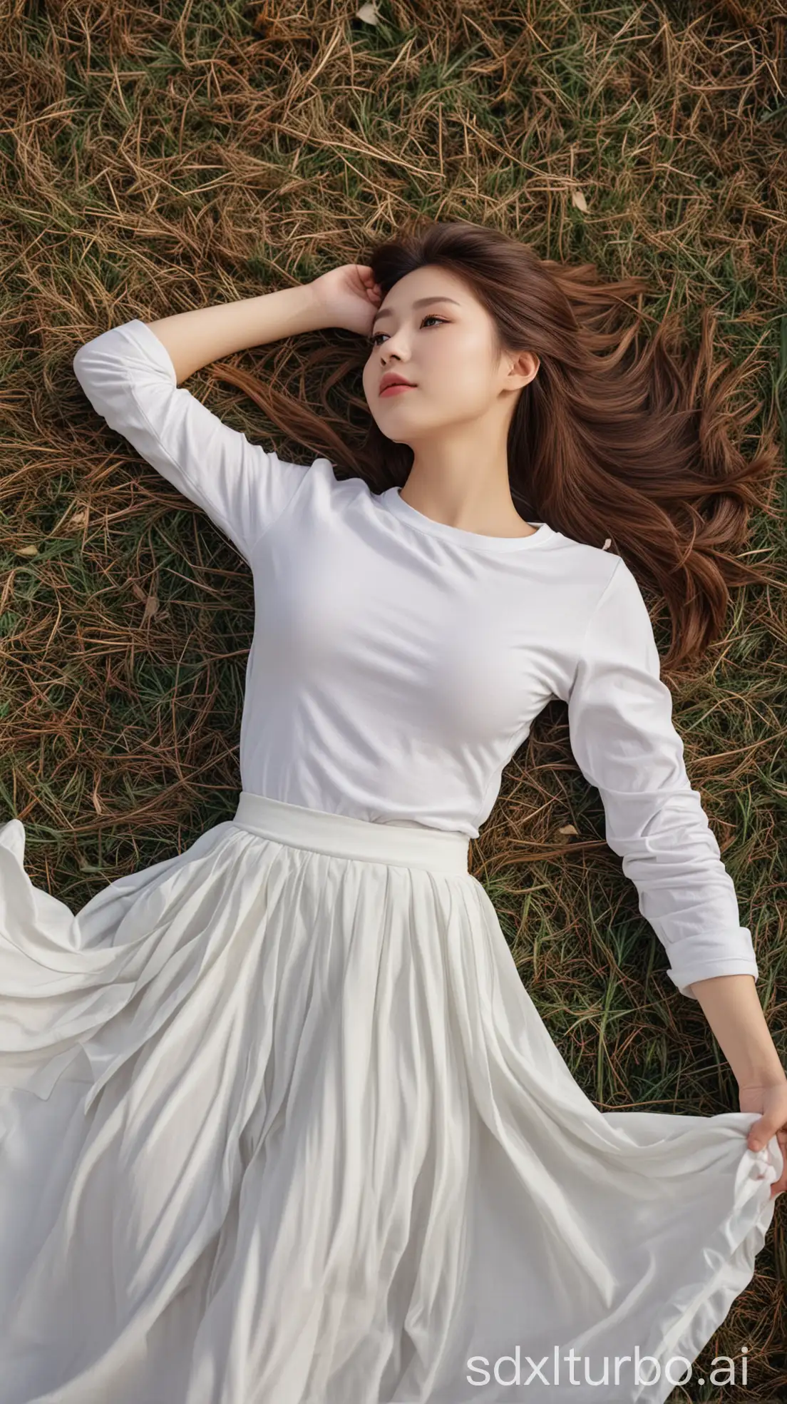 Chinese-Beauty-in-Winter-Fashion-Lying-on-Grassland-with-Upward-Angle-Shot