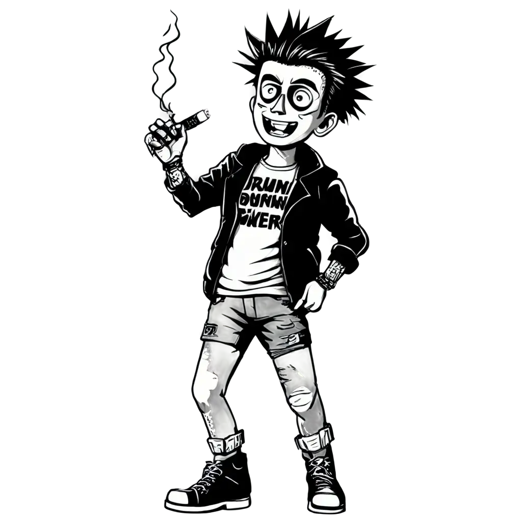 Edgy-Cartoon-Art-PNG-Drunk-Smoking-Punker-in-Black-and-White