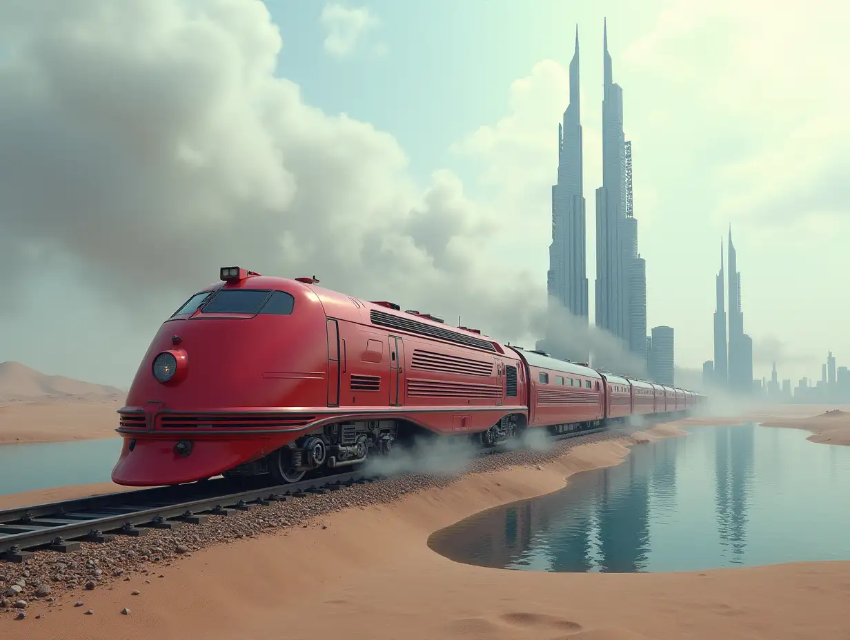 Create a high-resolution realistic image in 4k resolution: a futuristic red locomotive with silver on tracks, with smoke rising up in the desert, with futuristic tall buildings on either side of two lakes and a cloudy sky