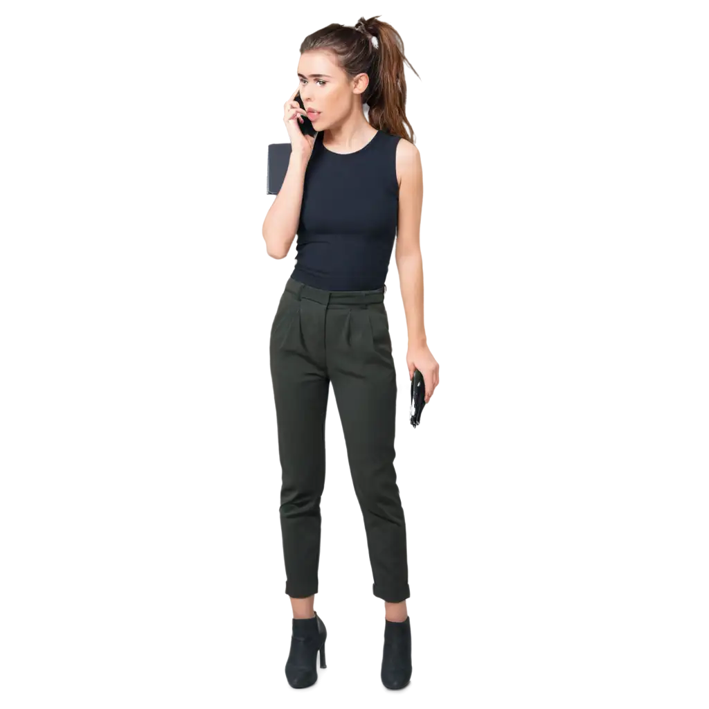 Shocked-Young-Woman-with-Hair-in-a-Bun-Holding-Smartphone-PNG-Image-Isolated-on-Transparent-Background-for-Versatile-Use