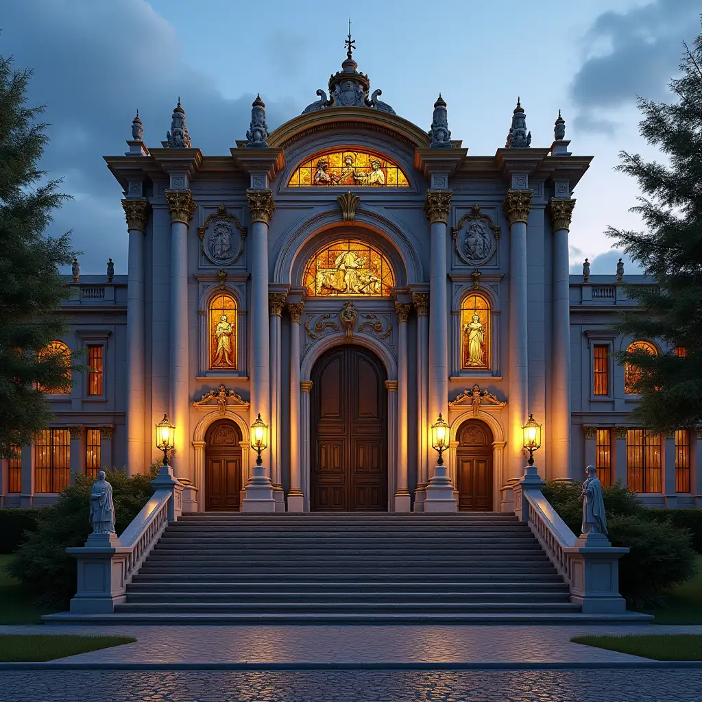 Majestic-Medieval-Fantasy-Theater-with-Stained-Glass-Windows-and-Grand-Staircase