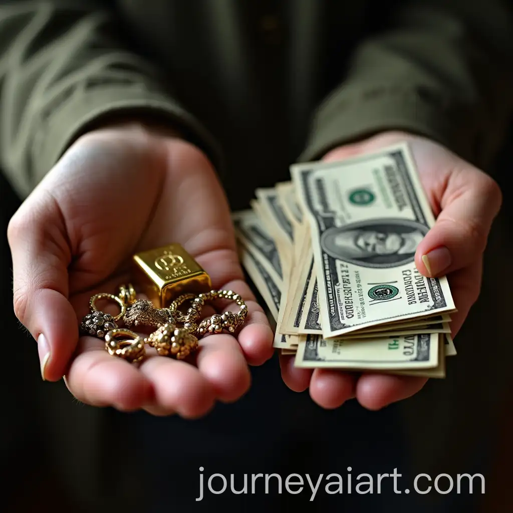 Hand-Holding-Old-Jewelry-Gold-Bar-and-100-Paper-Money