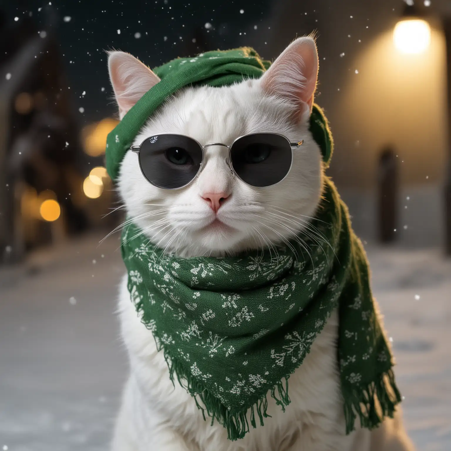 White-Cat-with-Green-Scarf-and-Sunglasses-on-Winter-Night