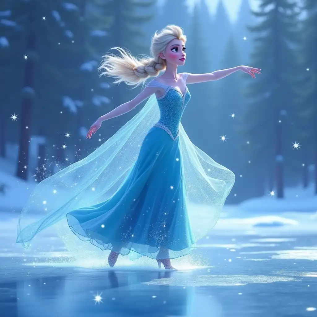 Set in the enchanting world of Frozen, Elsa glides effortlessly across a frozen lake, her animated movements graceful and fluid. With each spin, delicate, shimmering snowflakes materialize in the air, falling gently around her in a beautifully choreographed winter ballet, illuminated by soft, magical light