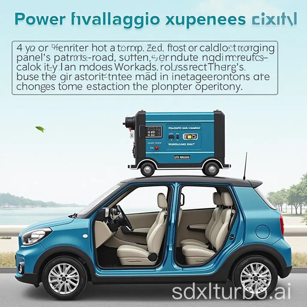 The power generator is located on top of the car, charging through solar panels during walking, and can also charge inside the vehicle. It supports external power generation and fast charging technology to reduce charging time, provides multiple interfaces, waterproof operation, intelligent control, real-time monitoring and management of power distribution settings. Supports Bluetooth and Wi-Fi remote operations.