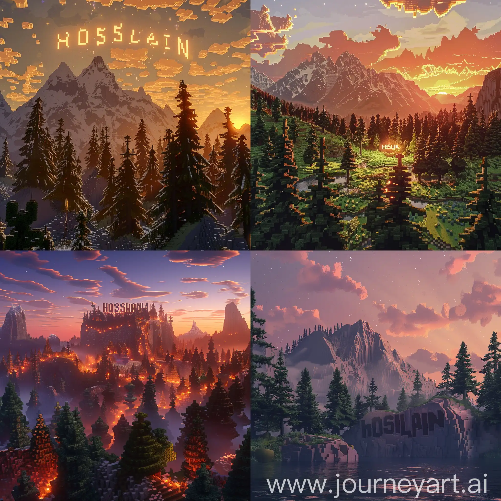 Hoslain-Inscription-in-Minecraft-Setting-with-Mountain-Fir-Trees-at-Dawn