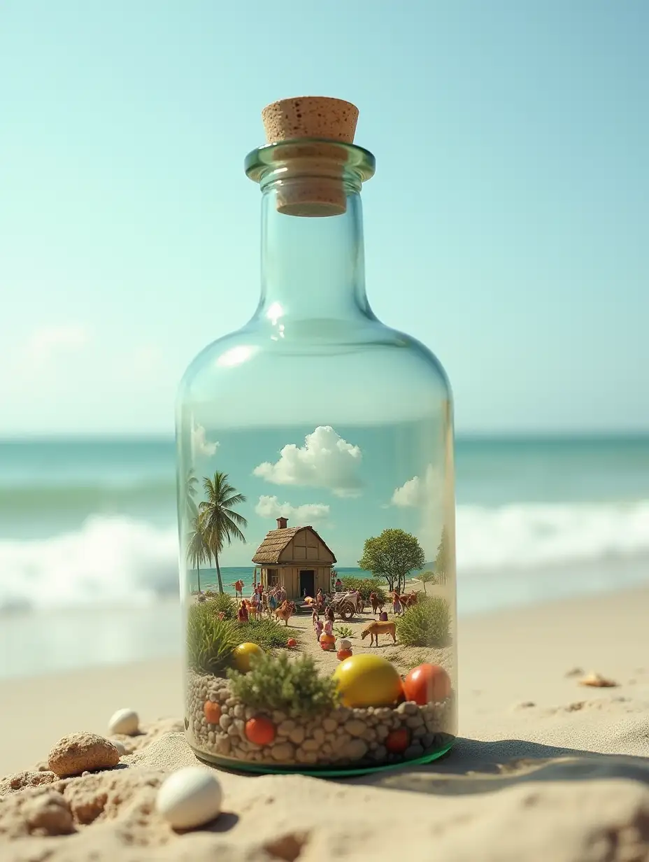 In a beautiful beach there is a large glass bottle, inside is a small village, with very many tiny people, with fruit plantation, carriage, horses, cats, quite big-real photo, triple exposure, basic idea of something beautiful photo