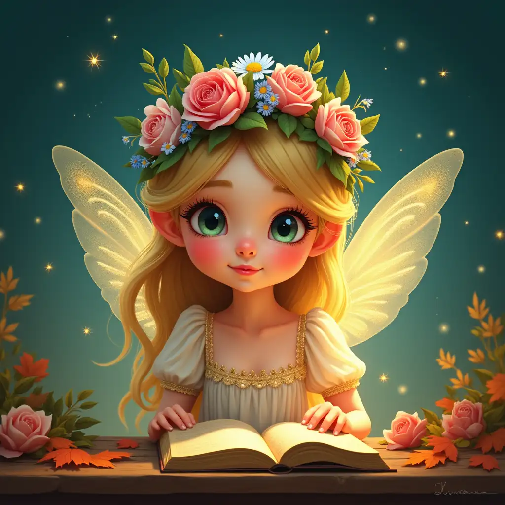 Digital illustration, fairy girl with large expressive eyes, blonde cascading hair, floral crown featuring pink roses, white blossoms, green foliage, blue flowers, semi-transparent dress, scalloped lace neckline, leafy accents, glowing puffy sleeves, tiny sparkling wing patterns, mesmerizing gold thread illusion against dark teal star-filled sky, autumn leaves at rustic table, aged book, warm yellow