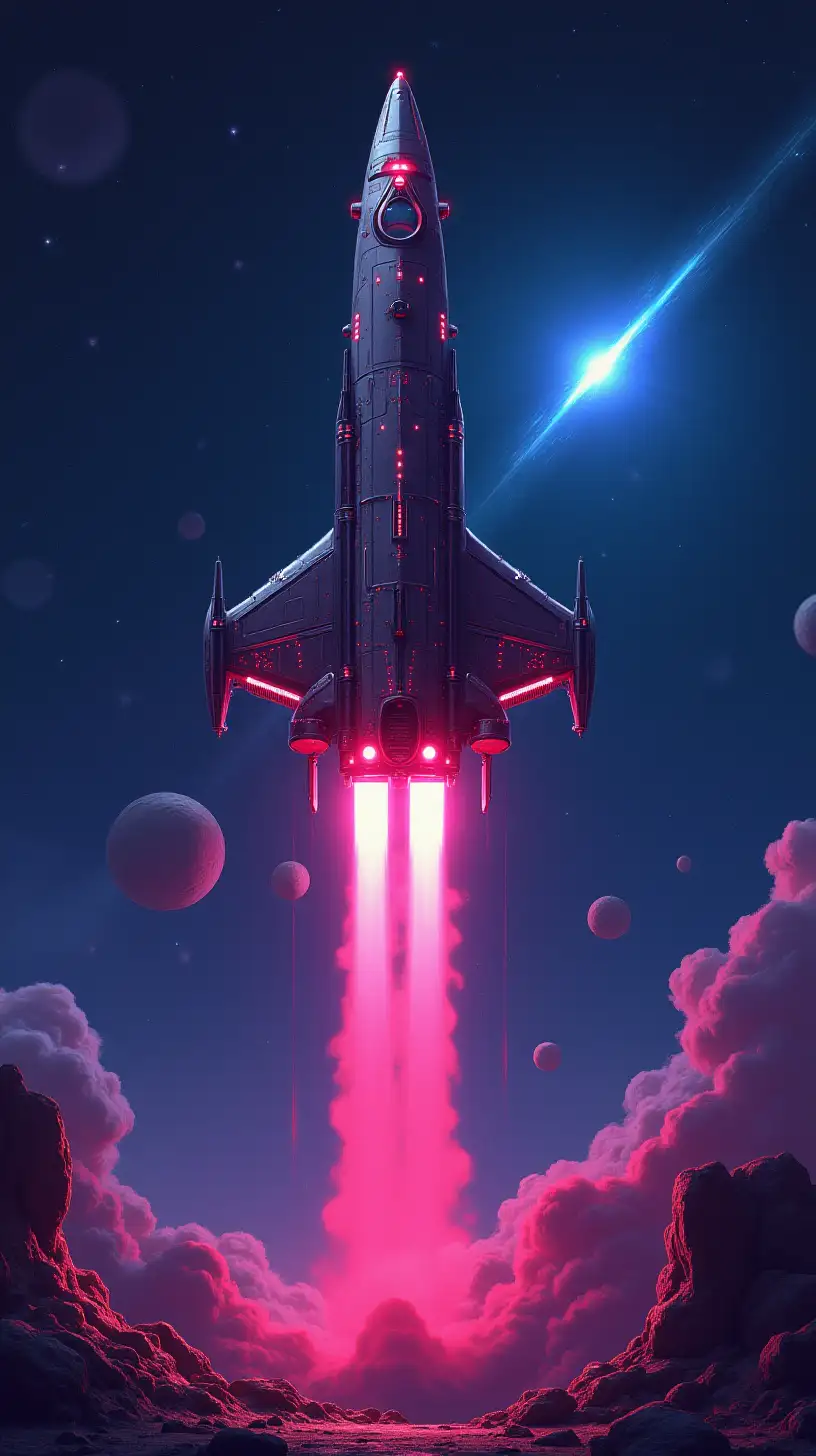 Cyberpunk Spaceship Launch with Neon Lights and Metallic Textures