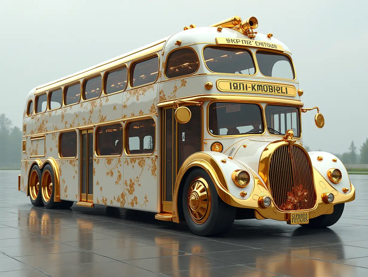 Super modern autobus three decked with 30 wheels gold white Steampunk