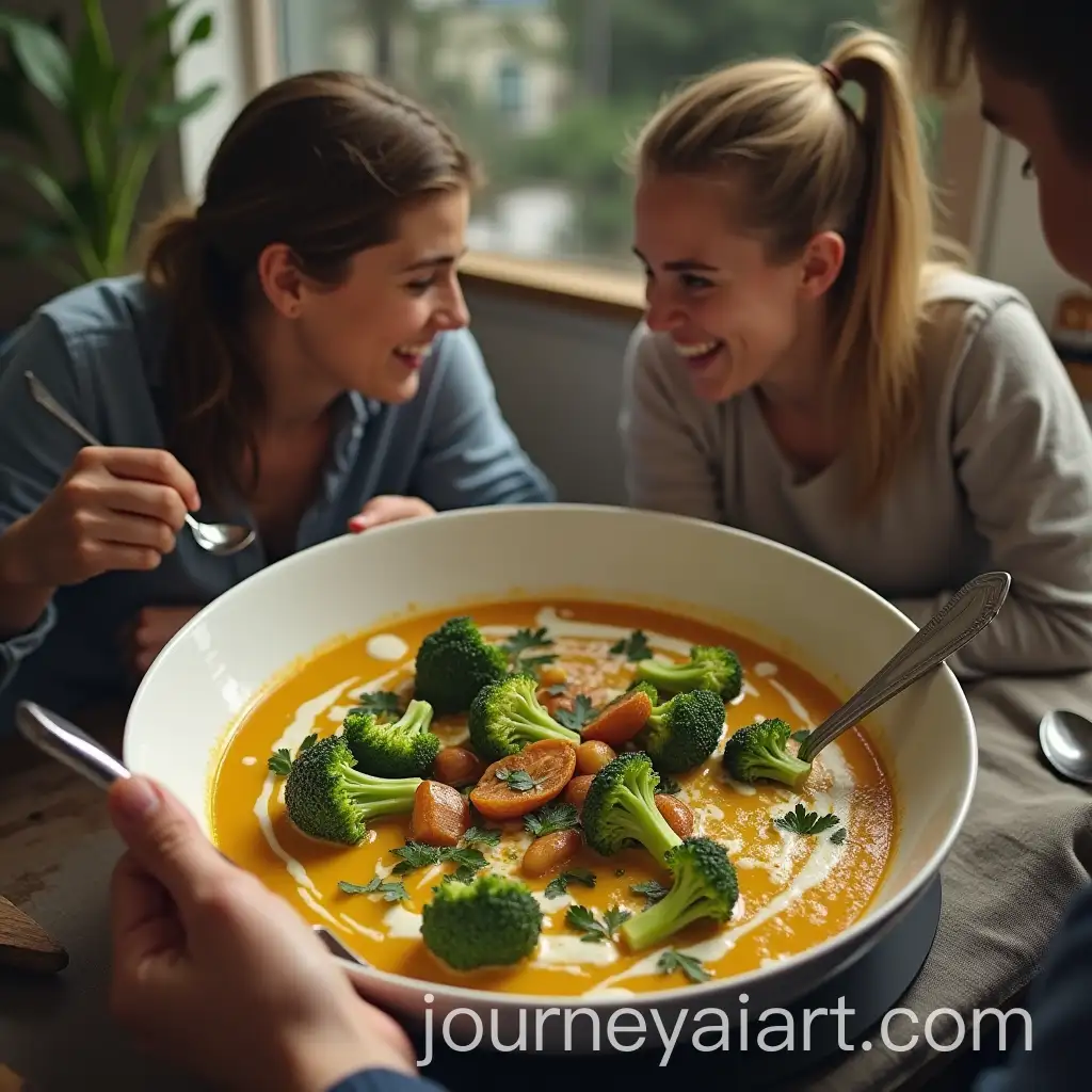 CEO-and-Intern-Having-Lunch-Together-Enjoying-Broccoli-Soup