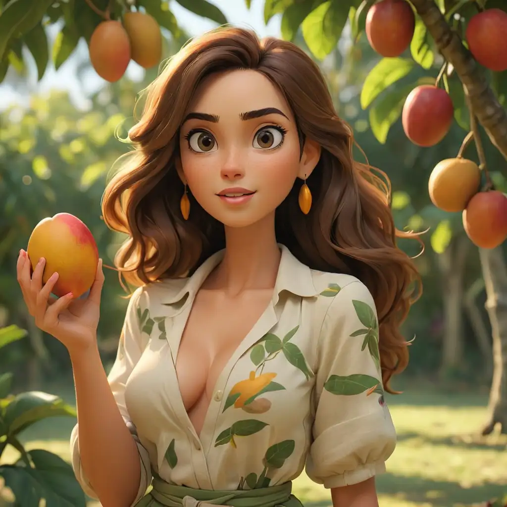 Seductive-Woman-Holding-Ripe-Mango-in-Mango-Orchard