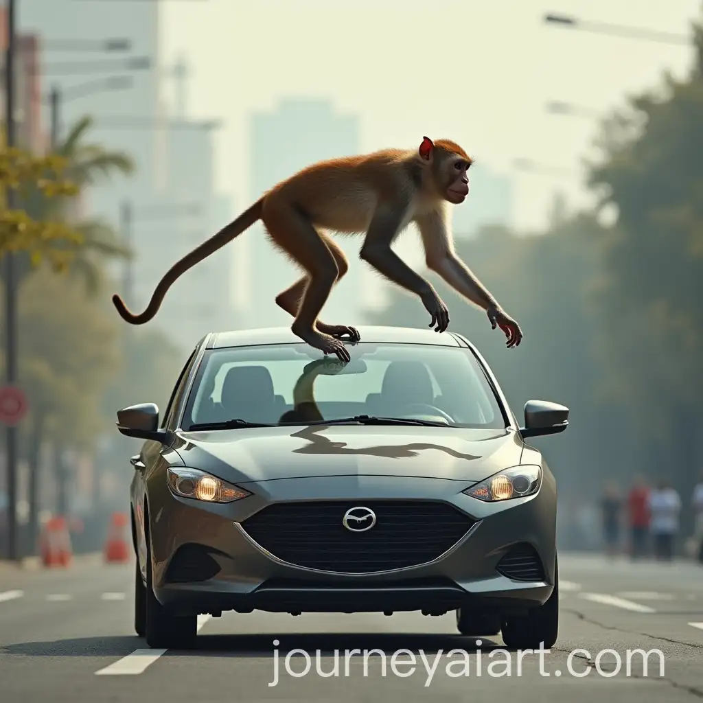 Playful-Monkey-Jumping-on-Car-Roof