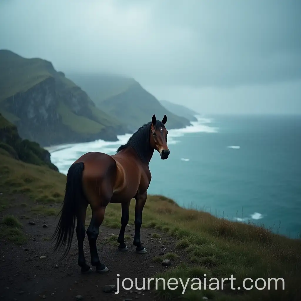 Horse-in-Rainy-Mountain-Landscape-Overlooking-the-Sea
