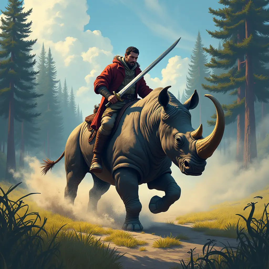 A dynamic digital illustration and cartoon capturing an exciting moment taking place in the Northern Hemisphere, circling the North Pole and extending south to the coniferous forests of the taiga, featuring a swordsman. The swordsman rides a mighty rhino, depicted in mid-gallop, its massive feet kicking up clouds of dust from the grassy forest floor, creating a sense of speed and urgency in the face of an angry woolly mammoth. The background depicts the northern hemisphere, encircling the north pole and extending south to the coniferous forests of the taiga. The lighting is dark and high contrast, highlighting the swordsman and the rhino as well as the mammoth while casting deep shadows that increase the intensity of the scene. This illustration conveys a vibrant and exhilarating atmosphere, inviting viewers to immerse themselves in the action. Wide-angle perspective, vivid colors, dynamic composition, cinematic lighting, high detail, epic fantasy ambiance, textured brushstrokes, vibrant hues, dramatic shadows, stylized realism.