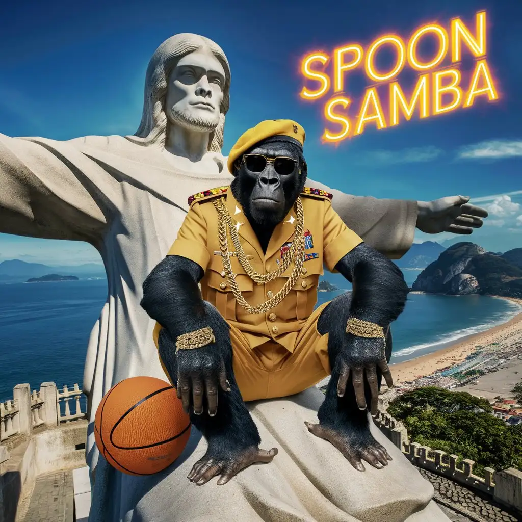 Gorilla in Military Attire with Basketball and Neon SPOON SAMBA Text at Christ the Redeemer Rio de Janeiro