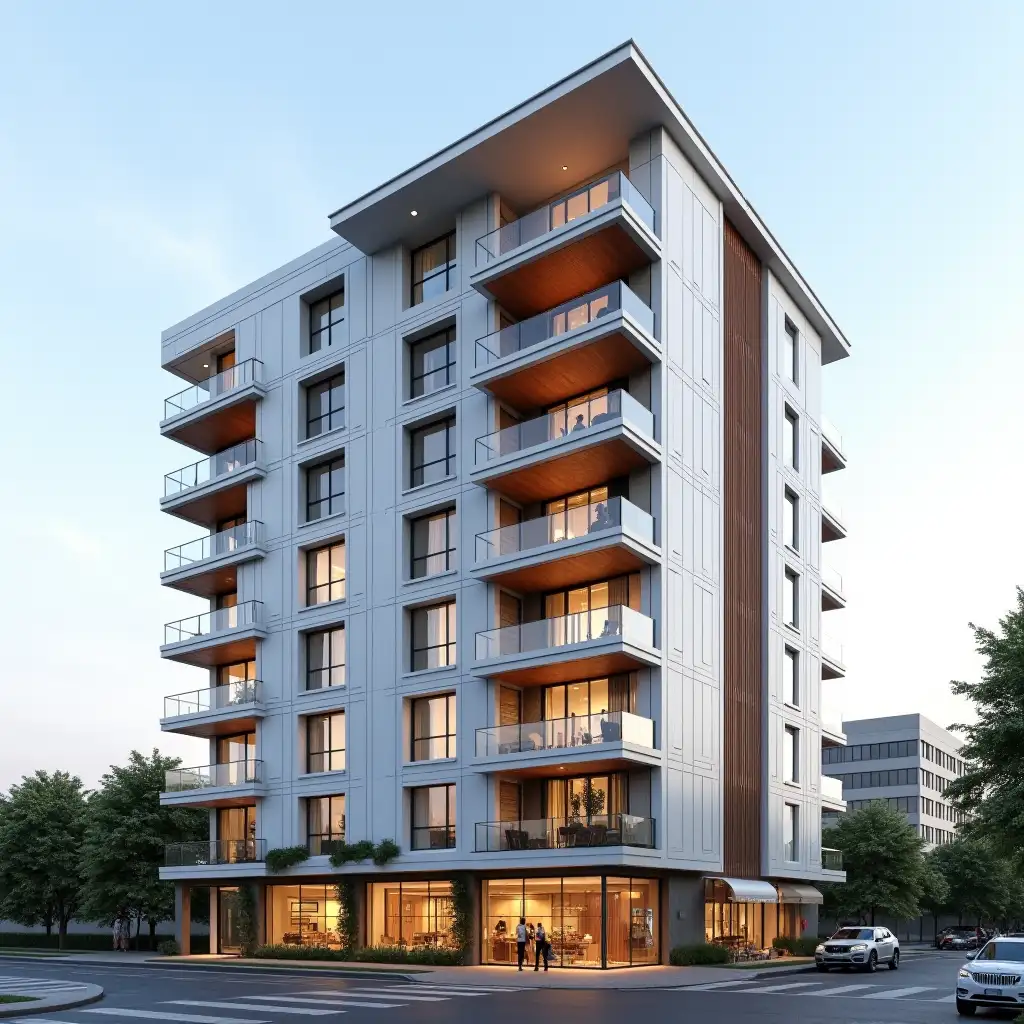 Modern-Urban-Residential-Building-with-Glass-Balconies-and-Elegant-Shops