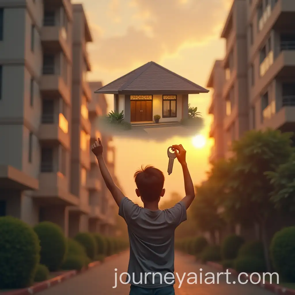Young-Malaysian-Adult-Holding-House-Key-withAI-Art-Prompt-Expansion-Dream-of-Luxury-Bungalow-in-Sunset