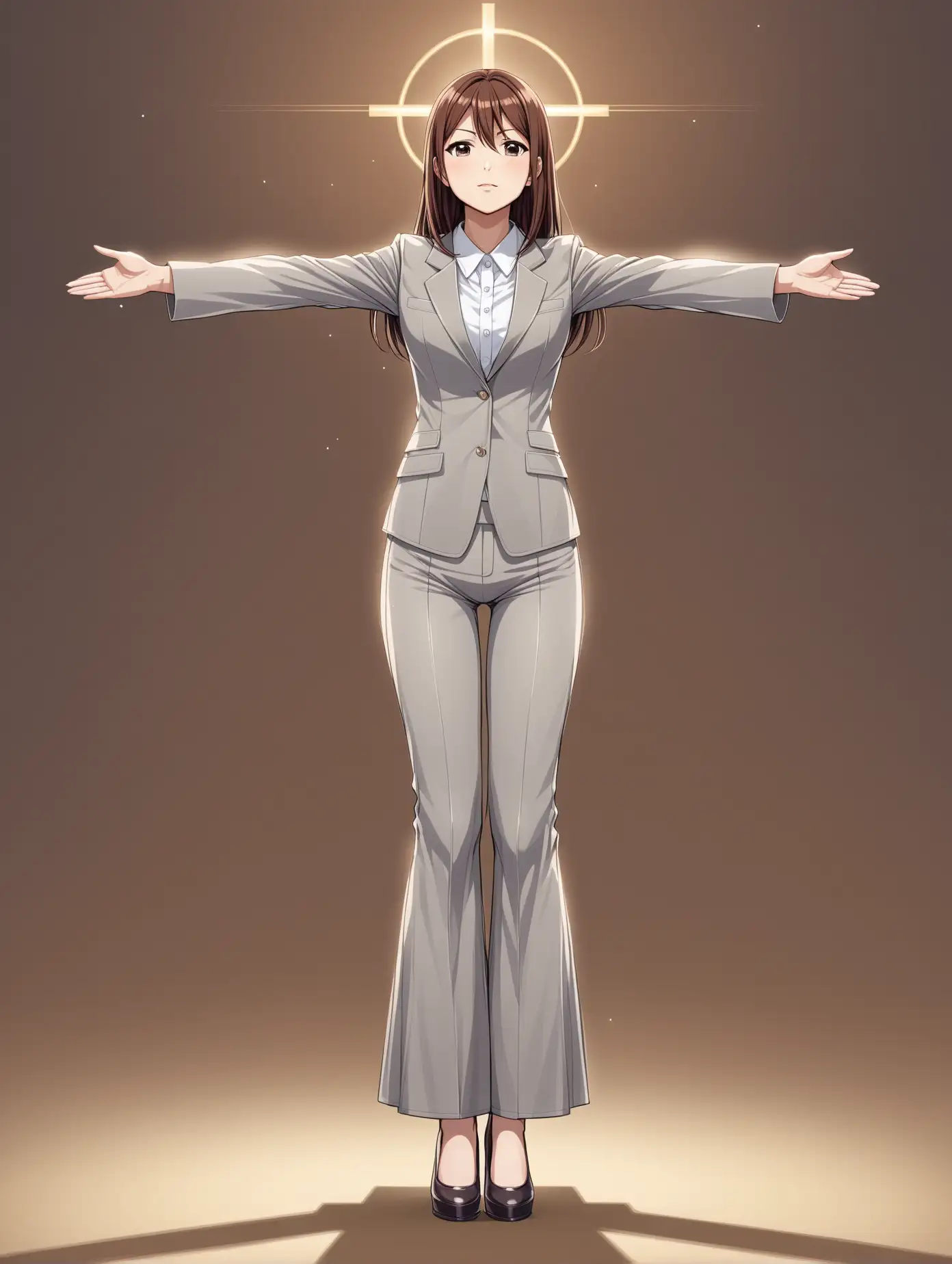 Japanese female, Riko ikazuchi, adult woman, grey suit, bell bottoms, tight, brown hair, vitruvian woman, full body, standing the cross pose, outstretched arms