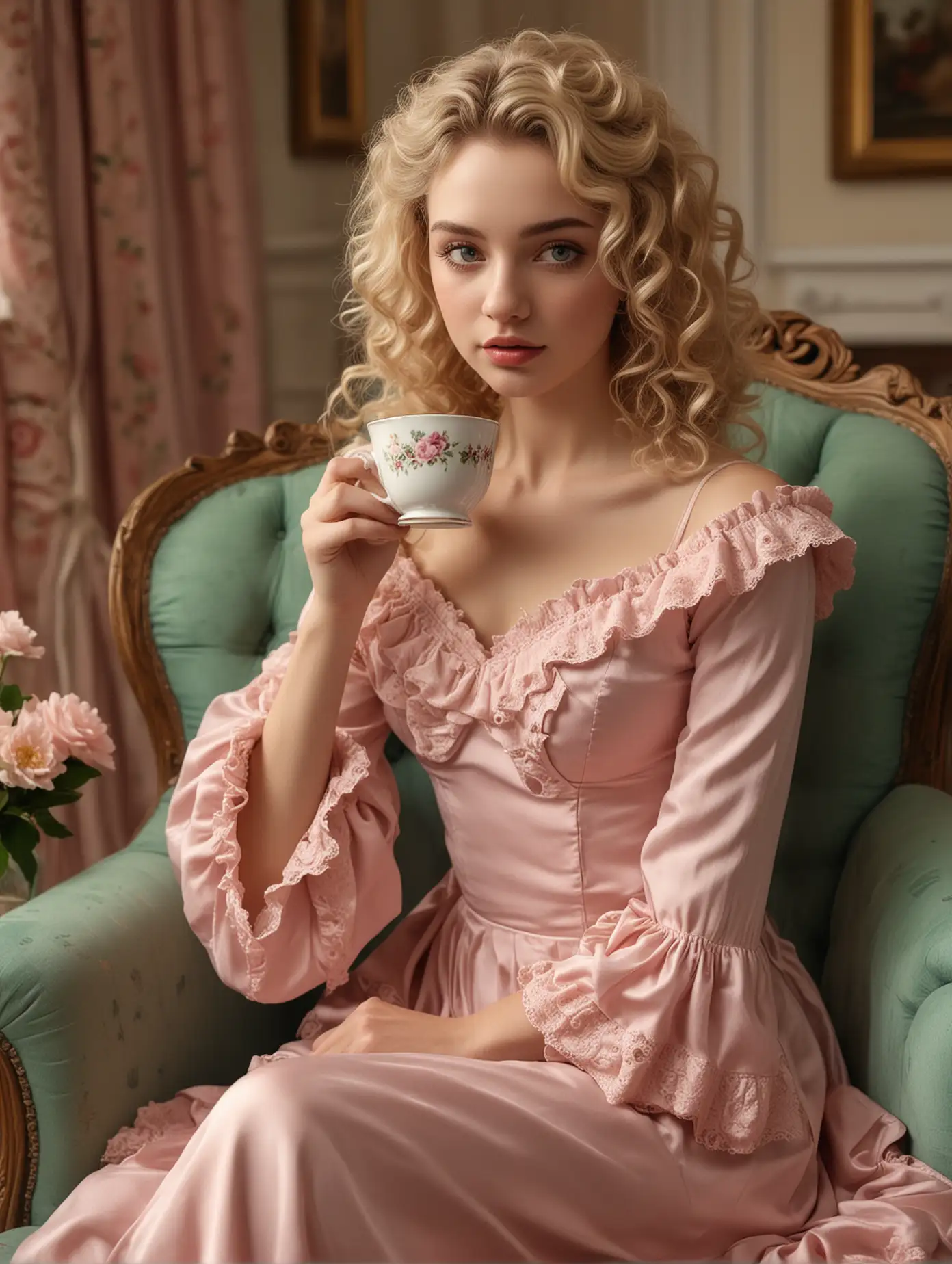 Ultrarealistic-20YearOld-in-Vintage-Attire-Enjoying-Tea