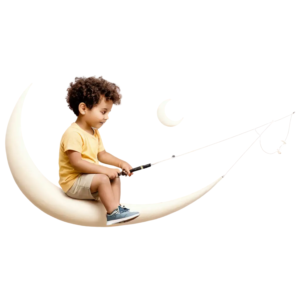 A cute kid seating on crescent moon with fishing rod