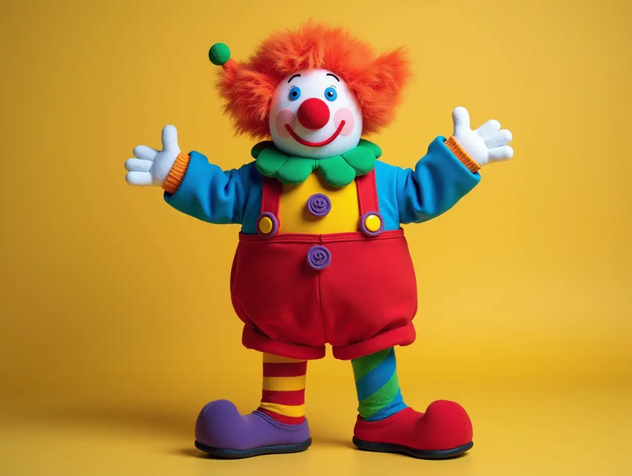 Create for me a clown with colorful socks up to the ears