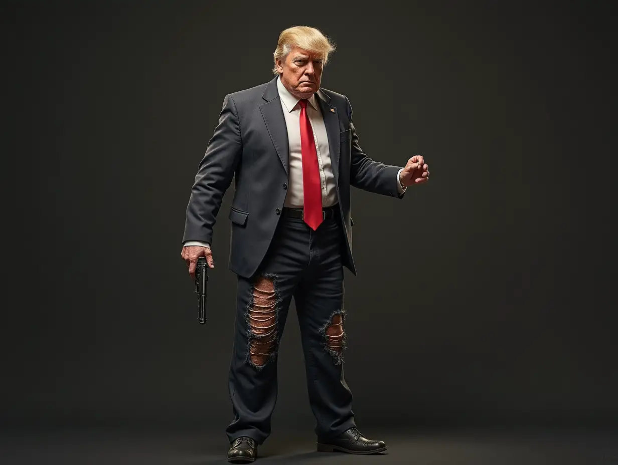 Create a high-resolution, realistic image of Donald Trump, looking emaciated with ripped pants in the Mühldeponie with a pistol in hand, 4K resolution.