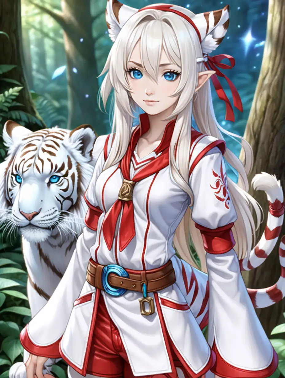 (((White mage's uniform))), ((mage cute woman)), ((white tiger ears)), very night forest, white long hair, заплетённые в косу, (only 1 woman), (blue eyes), ((плоские зрачки)), red freckles, ((without humans ears)), ((beautiful face)), ((scarlet leather Trousers)), (A slight smile),