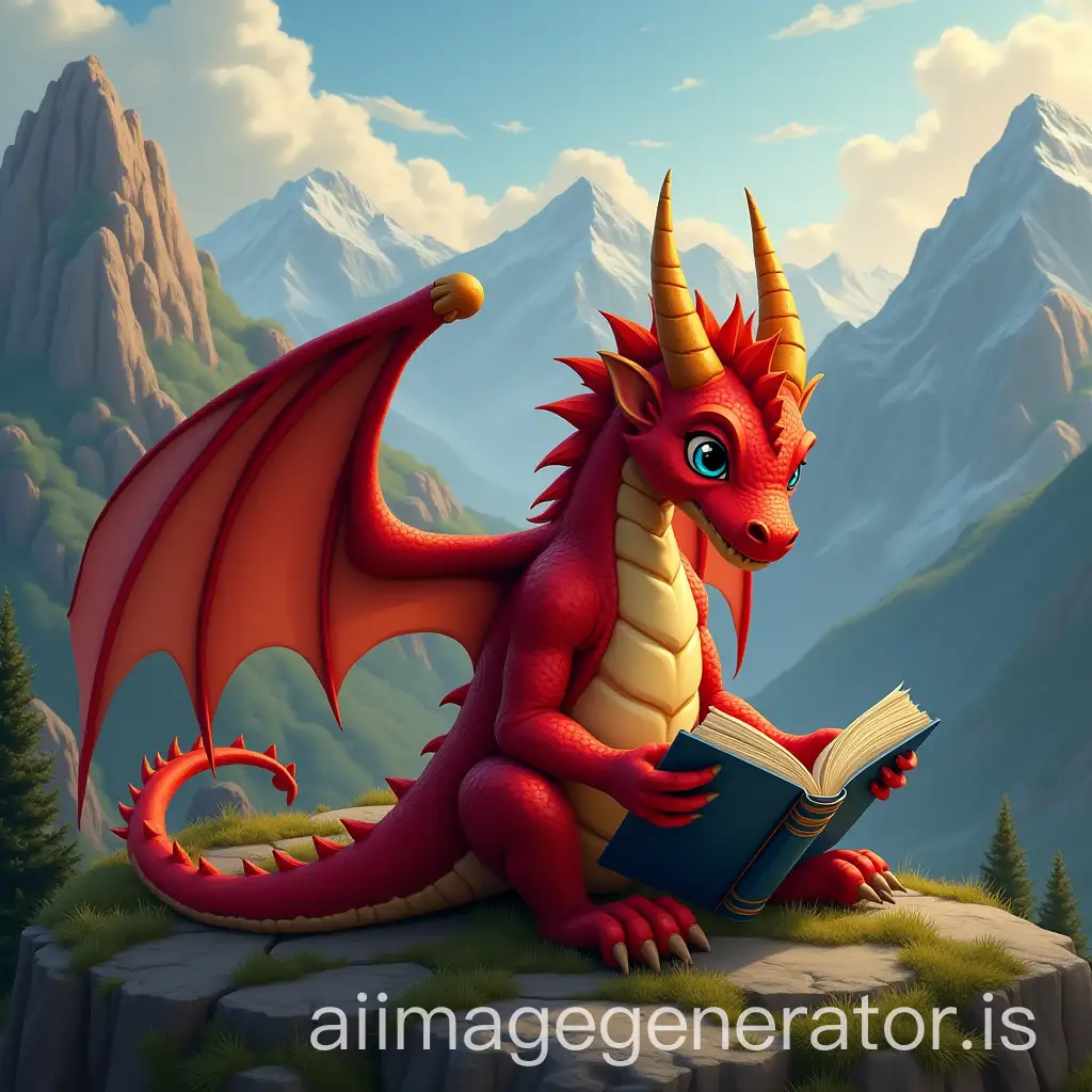 Red-Dragon-Sitting-and-Reading-a-Book-with-Soaring-Mountains-in-the-Background