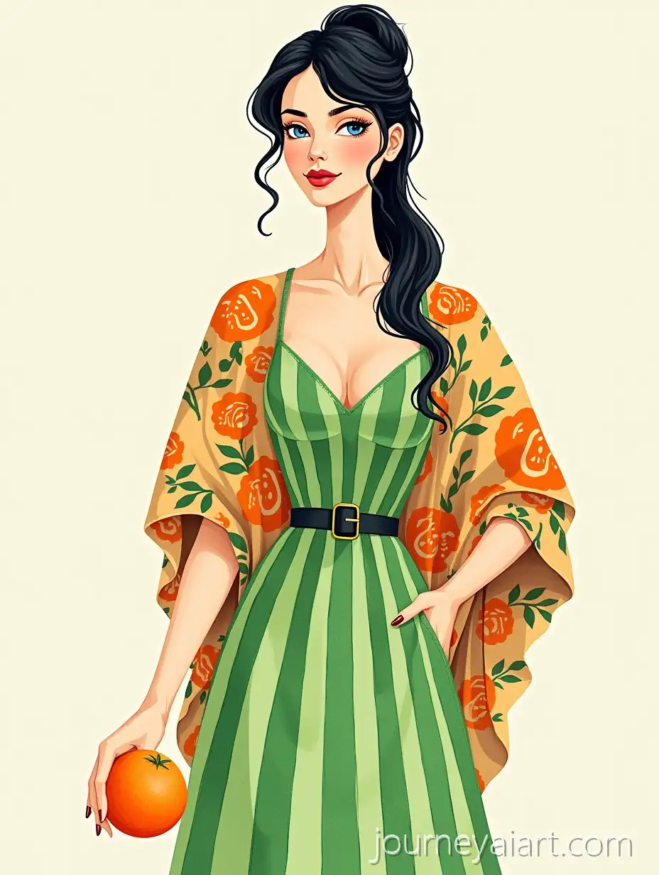 Elegant-Woman-in-Green-Striped-Dress-Holding-an-Orange-in-Fashion-Illustration-Style