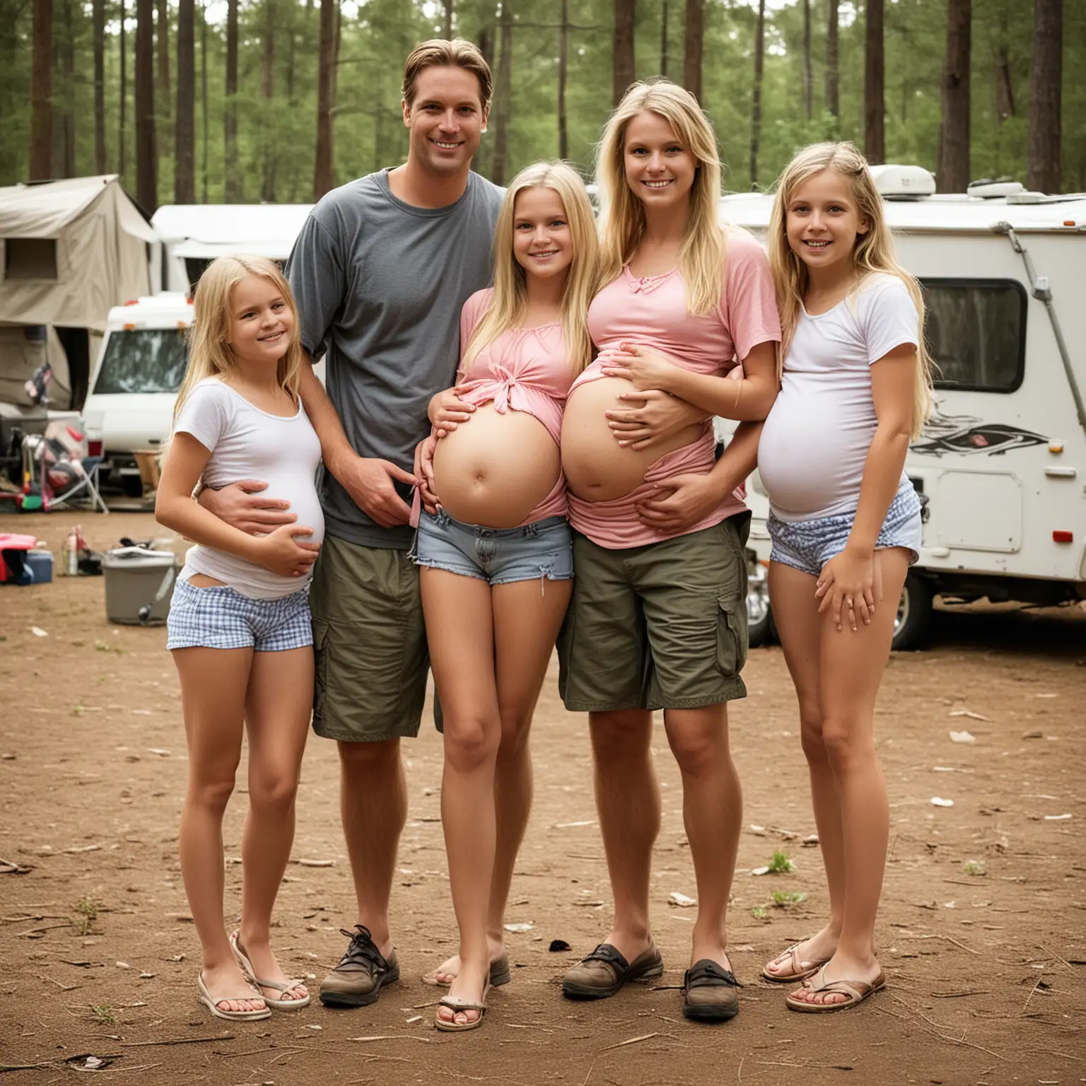 family photo at  camping. father and several young daughters. father is 24-years-old wearing shorts. each daughter is holding a clothed infant, has long blond hair, tied back, and is wearing  short sumerdres covering a pregnant belly.