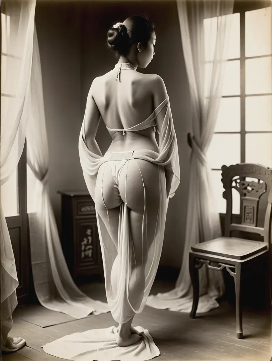 1914. A woman in China, standing with her back arched, dressed in sheer white cloth, her form displayed. The woman looks out of the picture. Legs apart. The main part is the abdomen, it is soft, it is plump. Outside there are plums, inside there are curtains, there are chairs, tables, and an unfinished red embroidery on the table. The main part is the abdomen, very clear. High definition.