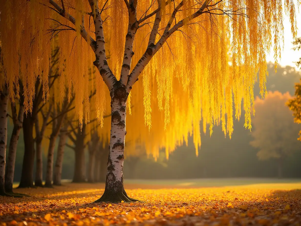 A slender birch tree with slender, dense branches reaching to the ground, and its golden autumn leaves swaying smoothly like hair waving in the wind. The scene conveys the essence of autumn: bright yellow and orange hues dominate the landscape. The branches of the trees gently dance in rhythm with the breeze, creating a peaceful, hypnotic movement. Fallen leaves cover the ground and the light of the setting sun casts a warm glow on the stage, adding to the serene and tranquil fall atmosphere.