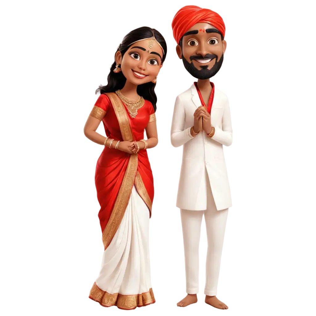 South-Indian-Hindu-Wedding-Caricature-PNG-Bride-in-Red-Silk-Saree-and-Groom-in-White-Lungi