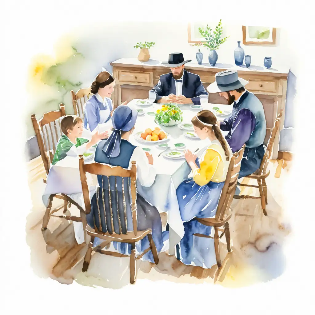 Amish Family Saying Grace Around the Table in Watercolor