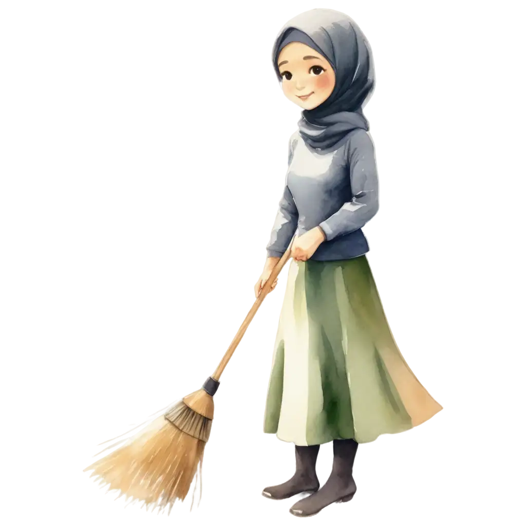 HighDefinition-PNG-of-a-Cute-Muslim-Woman-Cleaning-the-Yard-in-Watercolor-Style