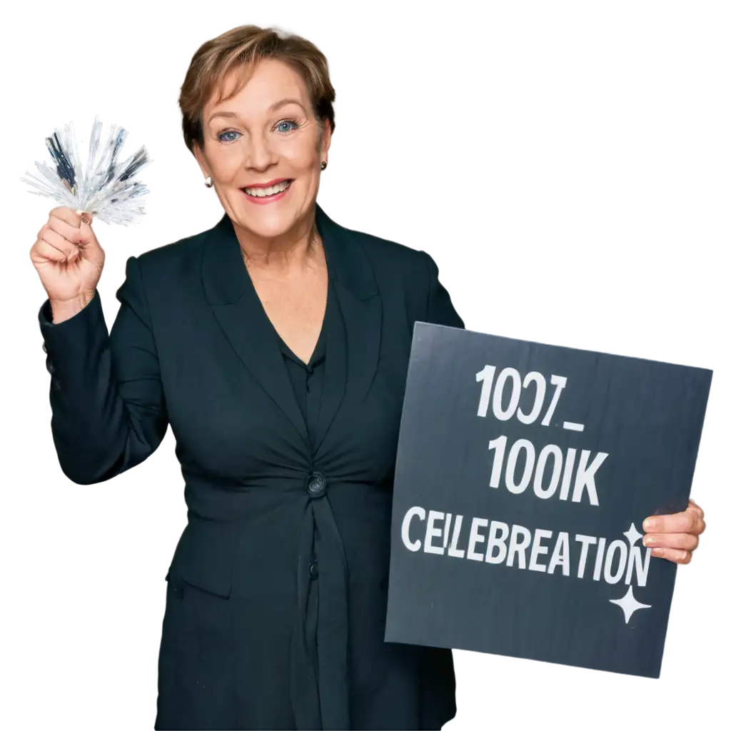 Actress Julie Andrews holding in hand a 100k celebration banner