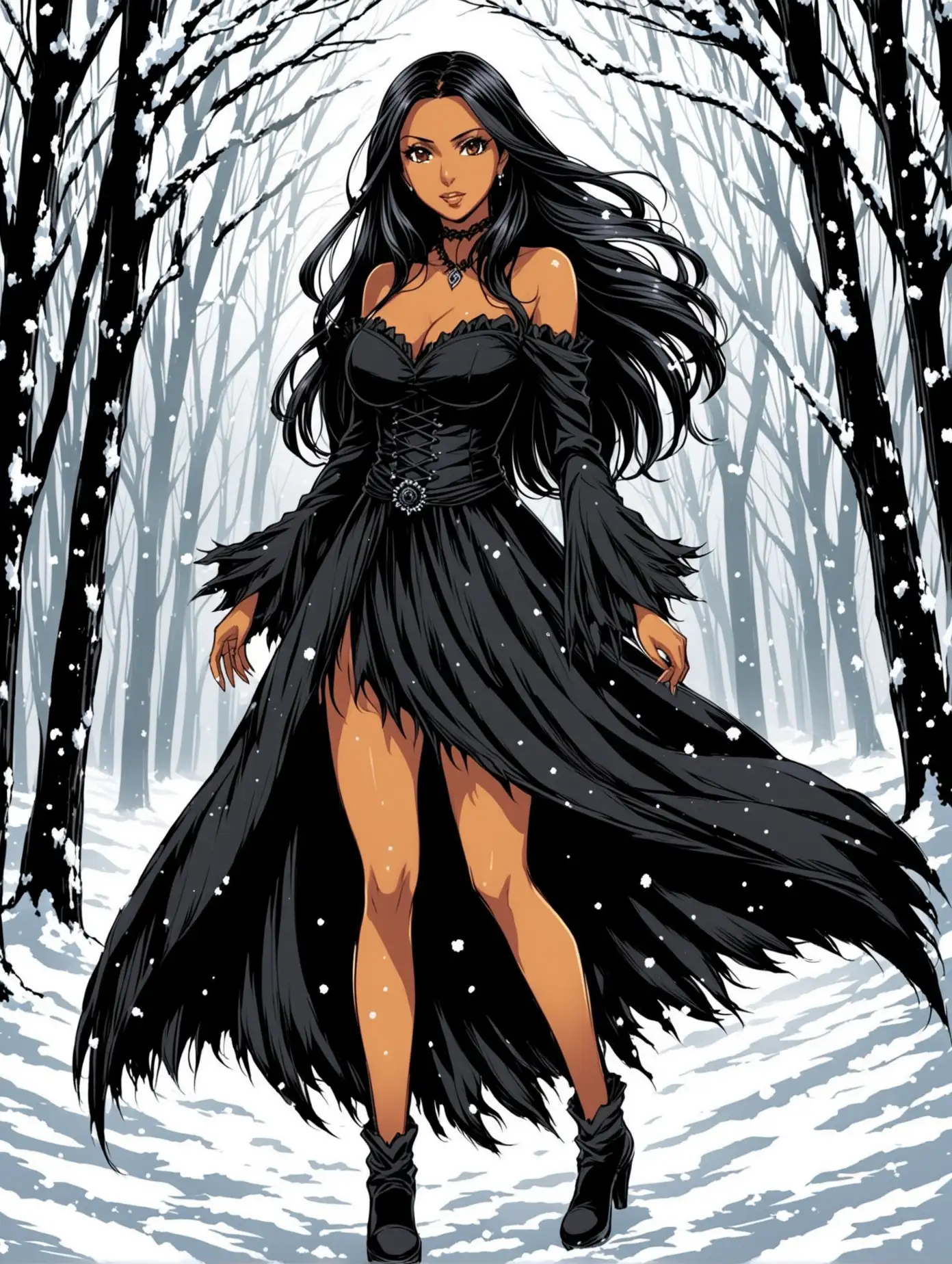 Latina-Woman-Posing-in-Snowy-Woods-with-Gothic-Anime-Style