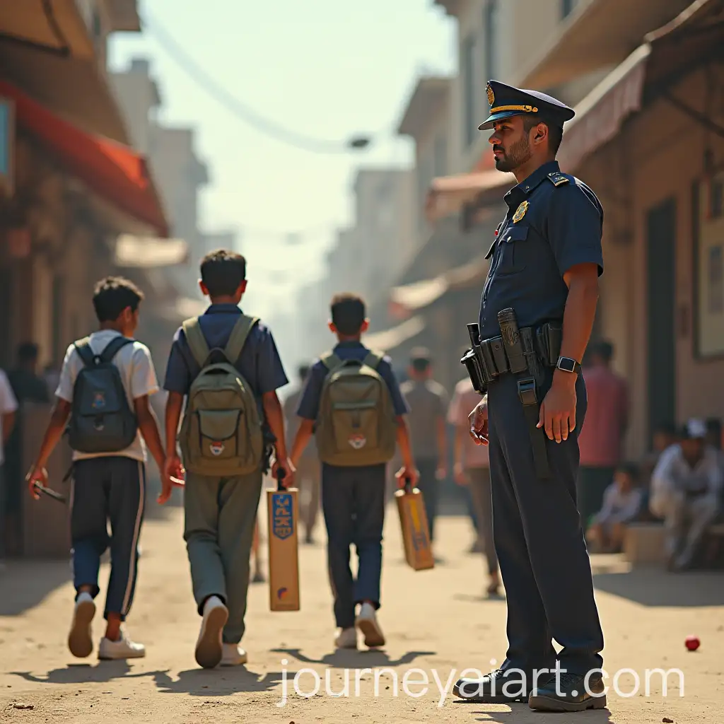 Young-Policeman-on-Duty-in-Bazaar-with-Boys-Carrying-Cricket-Kitbags