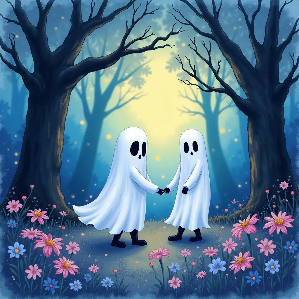 Two Ghosts Strolling Through a Spooky Oak Forest with Flowers