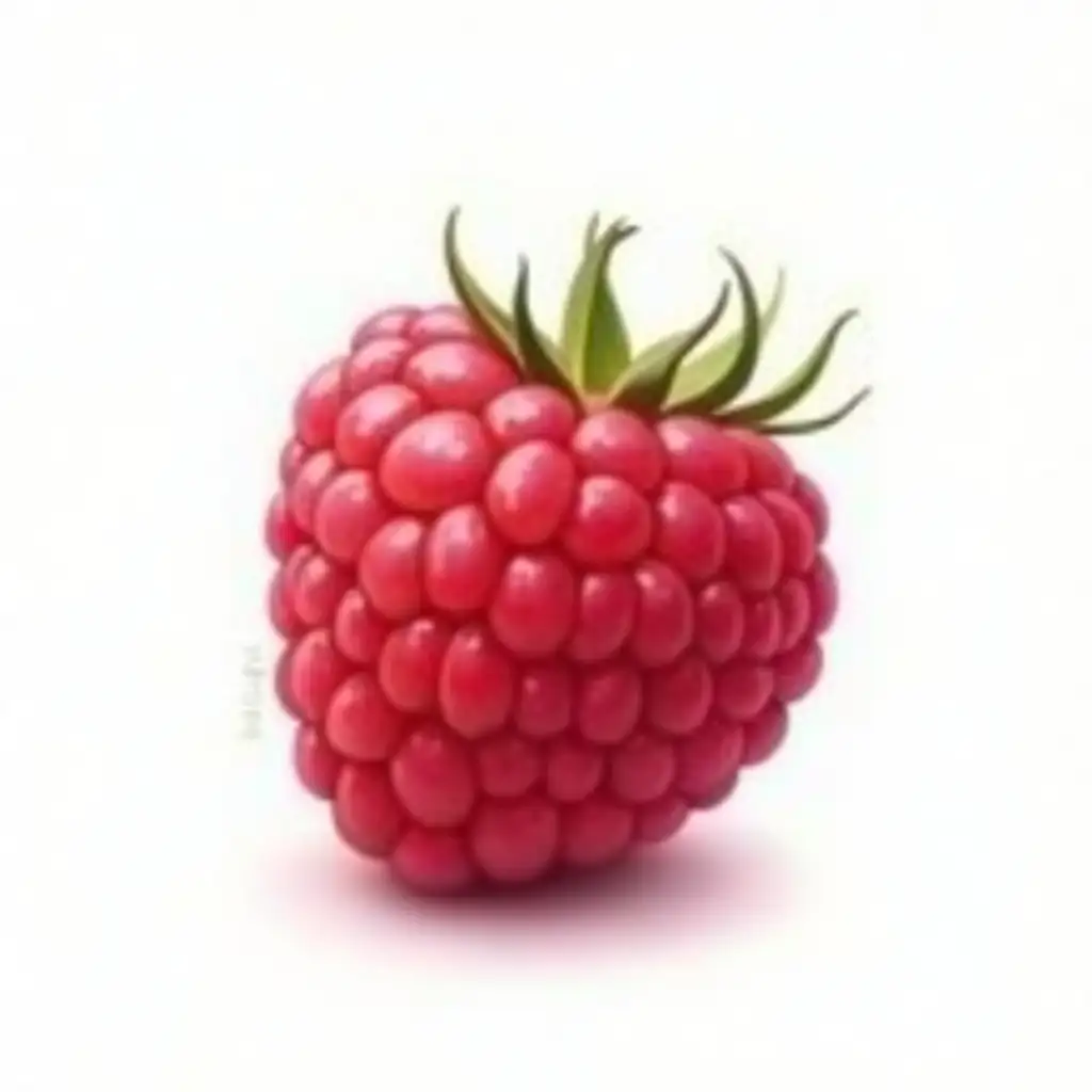 A realistic and moderately detailed depiction of a single, plump, ripe raspberry in a vibrant shade of deep red with slight gradations of pink, rendered in gouache paint with bold, expressive brushstrokes and subtle texture, set against a clean, plain white background that allows the fruit to take center stage, with the raspberry's delicate seeds and intricate texture prominently showcased, its stem a slightly lighter shade of green, with a few tiny, almost imperceptible highlights of dew-like sheen, creating a sense of freshness and appeal.