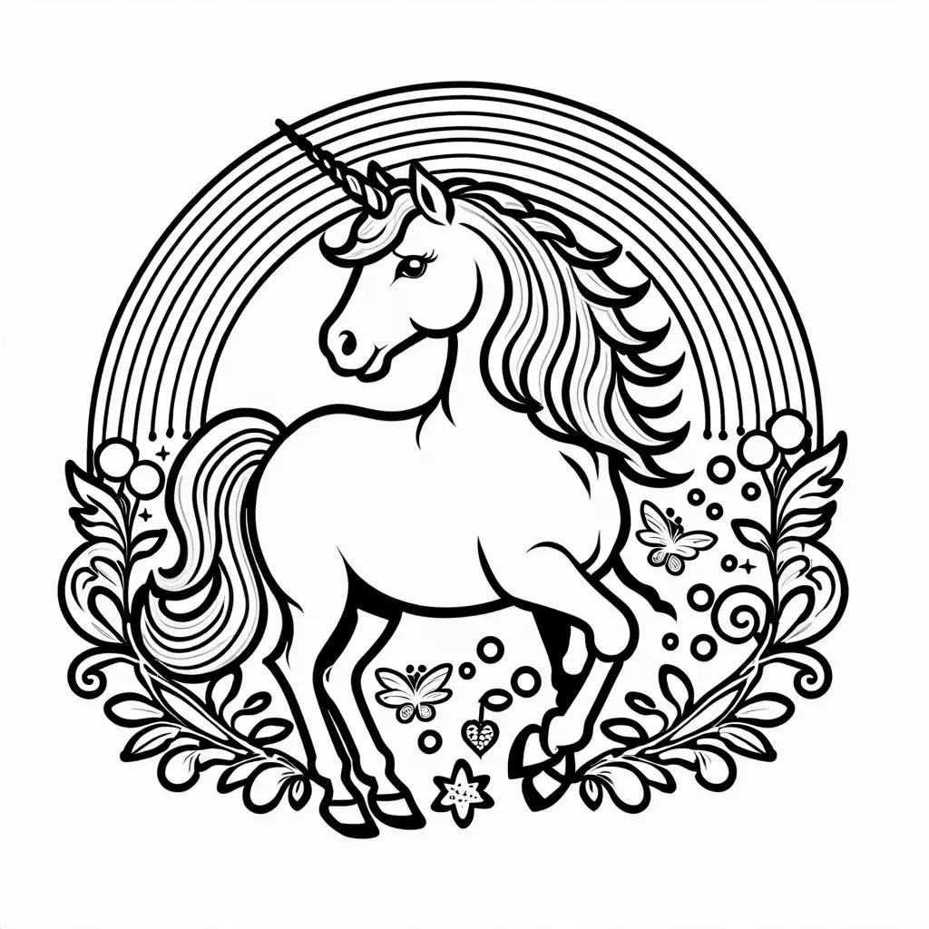 Rainbow Unicorn, Coloring Page, black and white, line art, white background, Simplicity, Ample White Space. The background of the coloring page is plain white to make it easy for young children to color within the lines. The outlines of all the subjects are easy to distinguish, making it simple for kids to color without too much difficulty