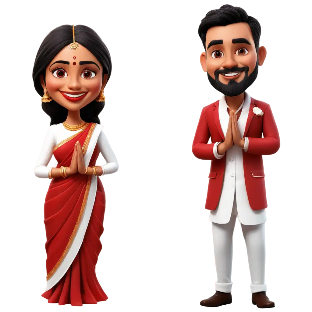 Vibrant-South-Indian-Wedding-Caricature-PNG-Featuring-Bride-in-Red-Saree-and-Groom-in-White-Lungi