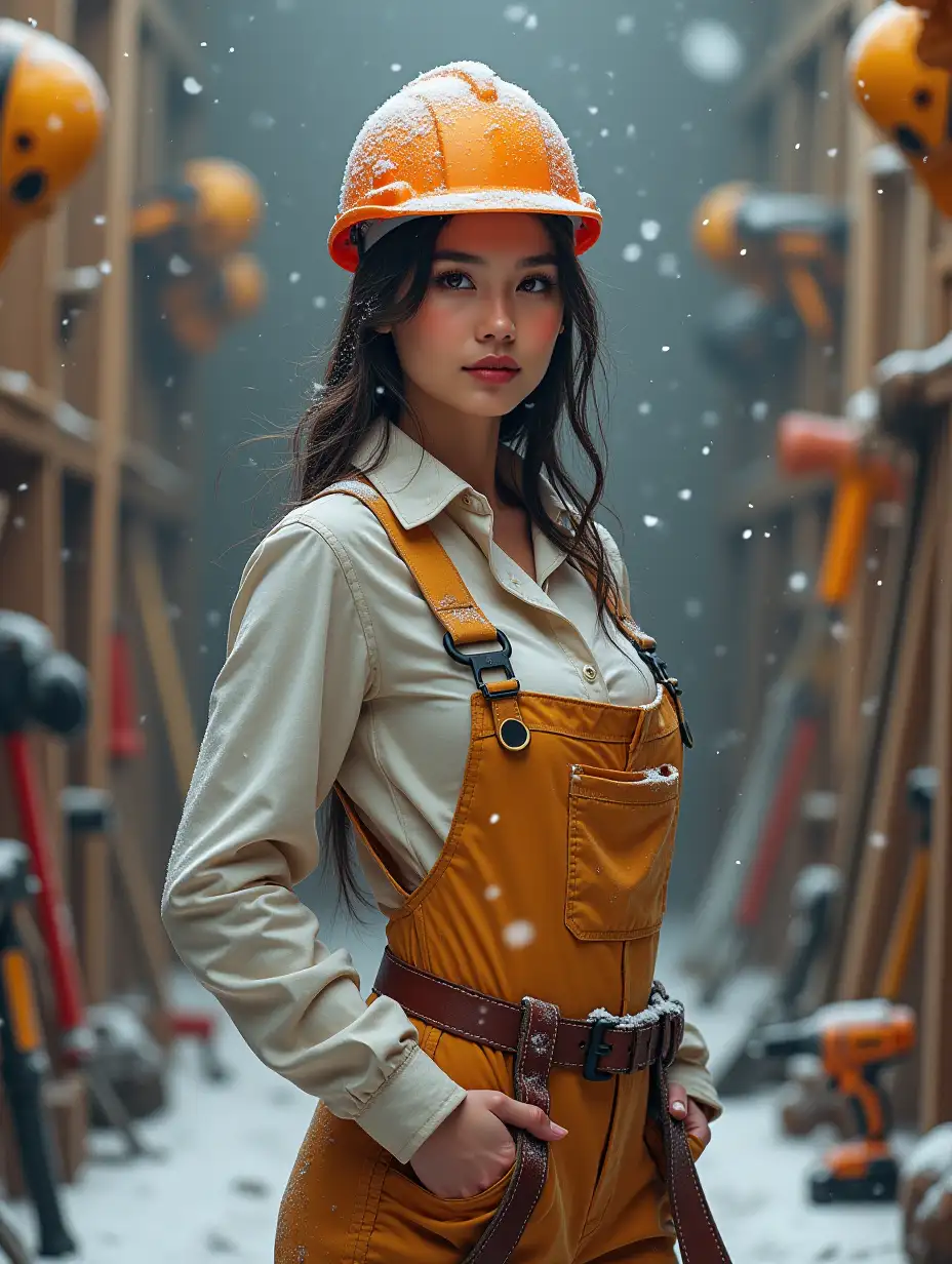 A young, sexy beautiful woman in light, practical work clothing stands against the backdrop of a house construction site. It is winter, with snow falling around her. The scene is filled with hammers, helmets, saws, pickaxes, drills, and other tools. This vividly drawn scene evokes a sense of industry and determination, captured in a striking photograph. The woman's features are delicate yet determined, her posture exuding strength and purpose. The image is rich in detail, from the snowflakes delicately landing on her clothing to the frosty breath escaping her lips. The juxtaposition of her beauty against the rugged tools enhances the overall theme of resilience and hard work. The high resolution and composition of the photograph highlight the woman's strong presence, making it a compelling and visually arresting piece.